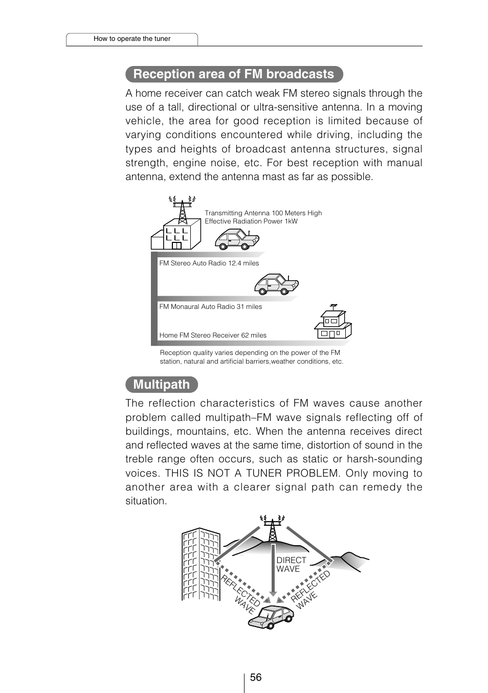 Reception area of fm broadcasts, Multipath | Eclipse - Fujitsu Ten CD3434 User Manual | Page 56 / 92