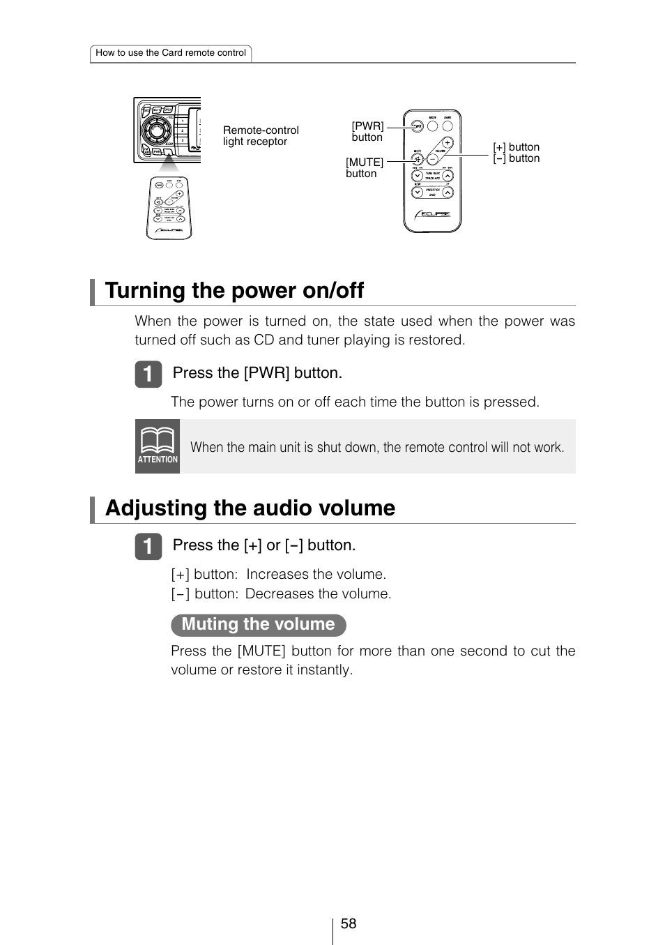 Turning the power on/off, Adjusting the audio volume, Muting the volume | Eclipse - Fujitsu Ten CD3434 User Manual | Page 58 / 92