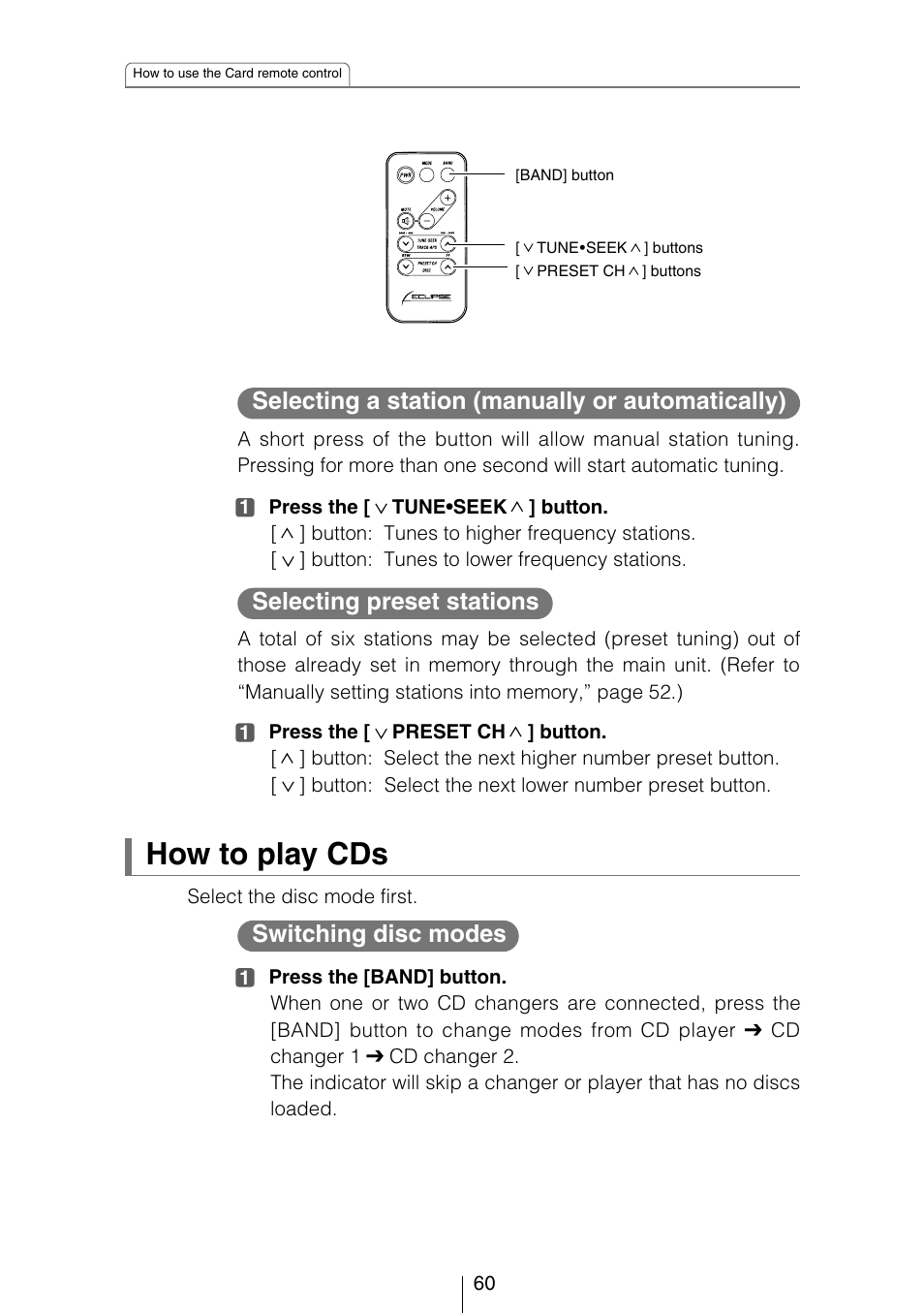 How to play cds, Selecting a station (manually or automatically), Selecting preset stations | Switching disc modes | Eclipse - Fujitsu Ten CD3434 User Manual | Page 60 / 92