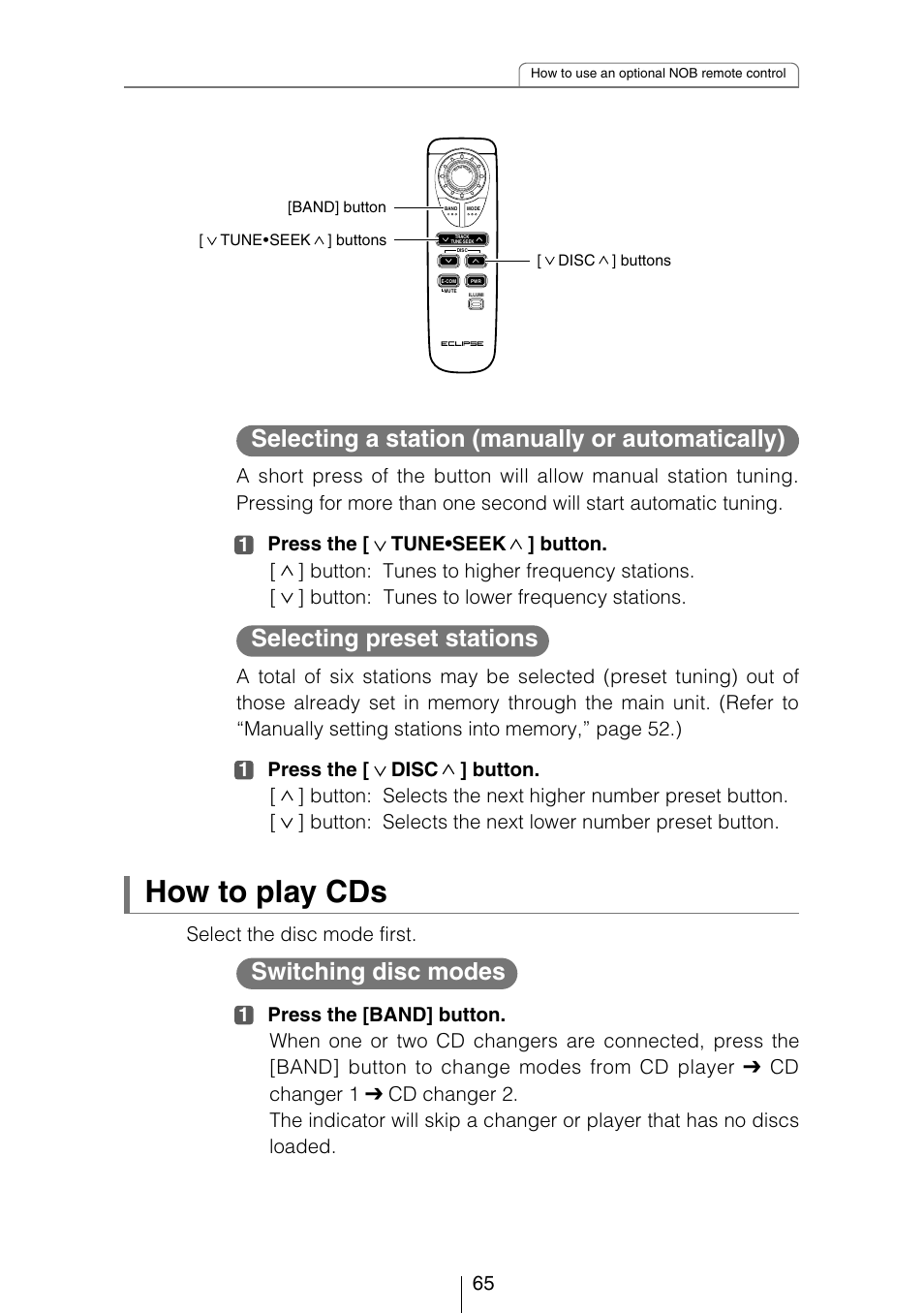 How to play cds, Selecting a station (manually or automatically), Switching disc modes | Selecting preset stations | Eclipse - Fujitsu Ten CD3434 User Manual | Page 65 / 92