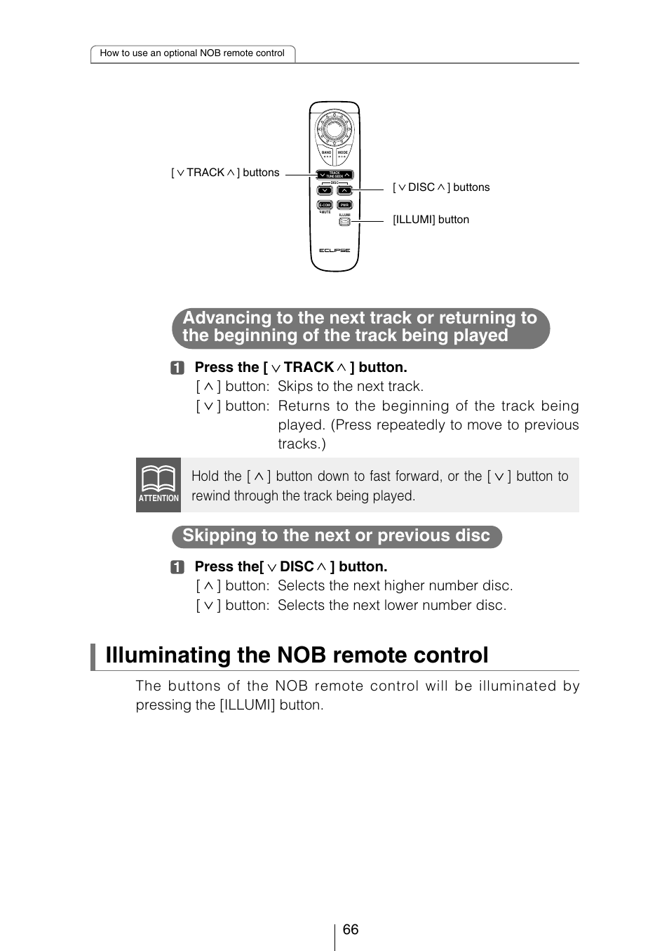 Illuminating the nob remote control, Skipping to the next or previous disc | Eclipse - Fujitsu Ten CD3434 User Manual | Page 66 / 92