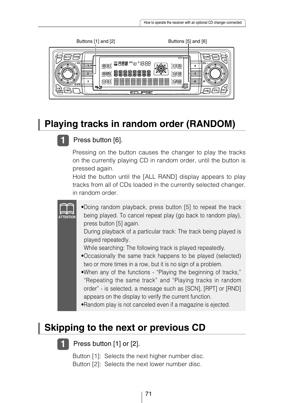 Playing tracks in random order (random), Skipping to the next or previous cd | Eclipse - Fujitsu Ten CD3434 User Manual | Page 71 / 92