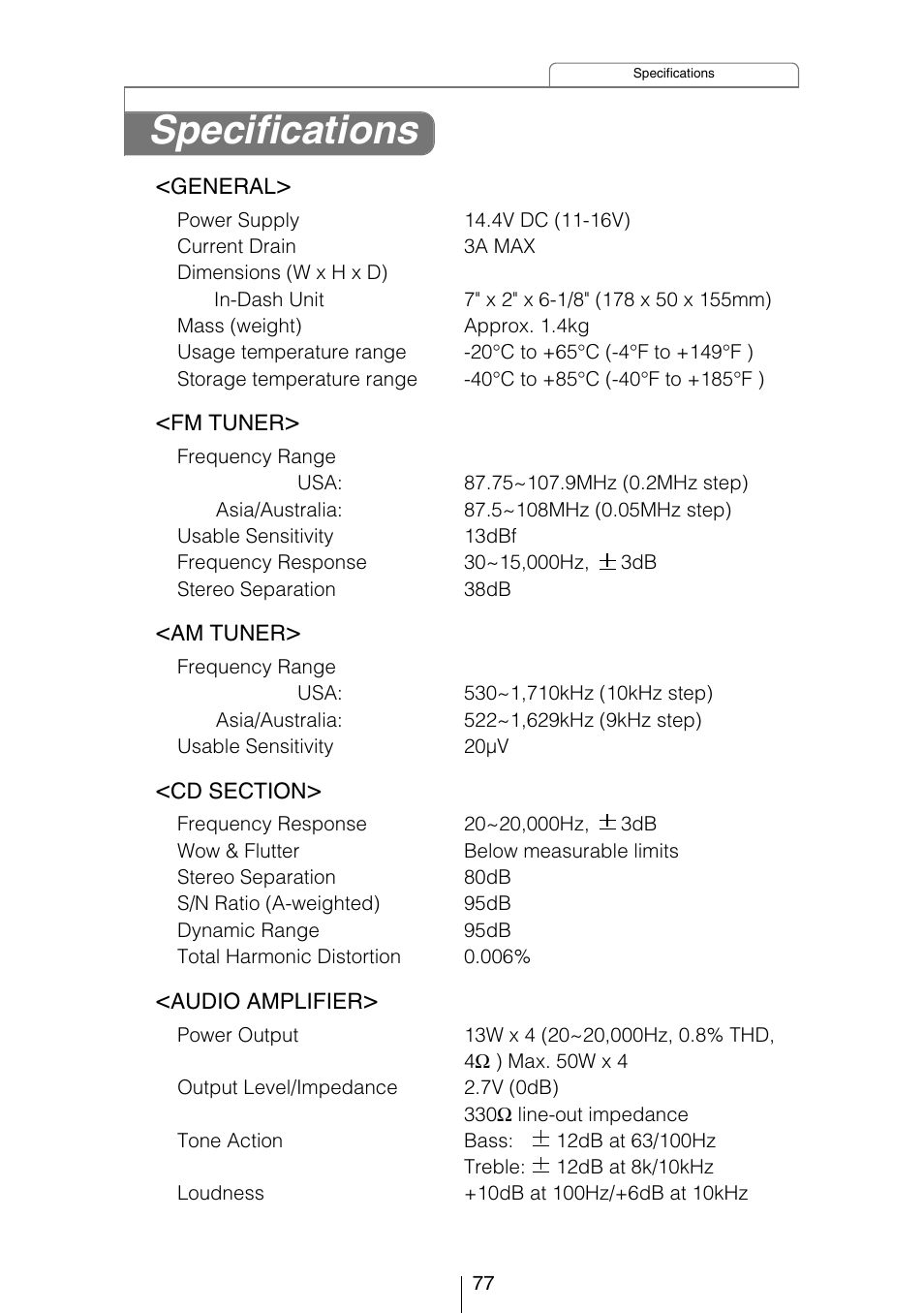 Specifications | Eclipse - Fujitsu Ten CD3434 User Manual | Page 77 / 92