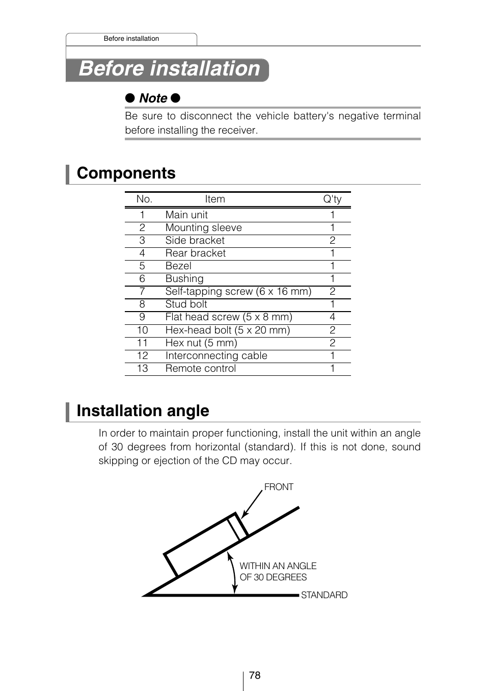 Before installation, Components, Installation angle | Eclipse - Fujitsu Ten CD3434 User Manual | Page 78 / 92