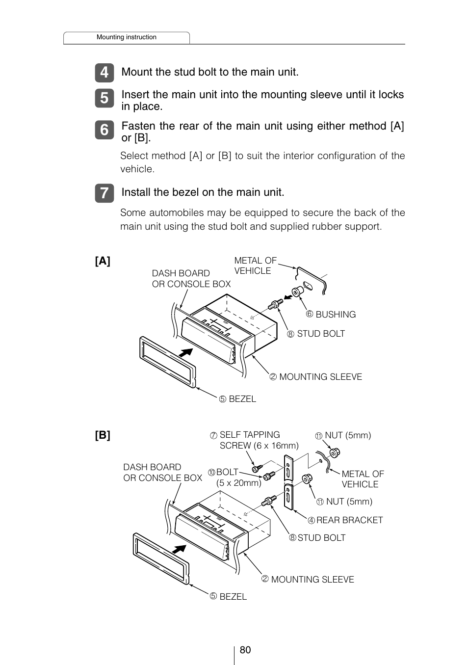 Mount the stud bolt to the main unit, Install the bezel on the main unit | Eclipse - Fujitsu Ten CD3434 User Manual | Page 80 / 92