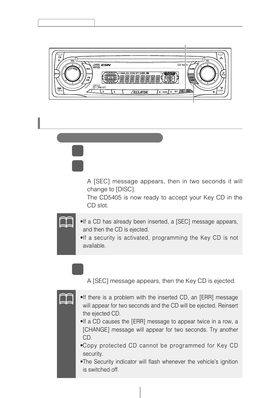 How to operate the esn (key cd) security, How to program the key cd | Eclipse - Fujitsu Ten CD5405 User Manual | Page 16 / 67