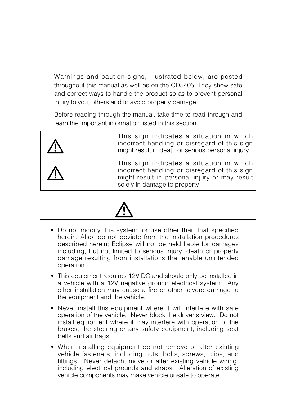 For your safety in using the cd5405, Warning, Caution warning | Eclipse - Fujitsu Ten CD5405 User Manual | Page 2 / 67