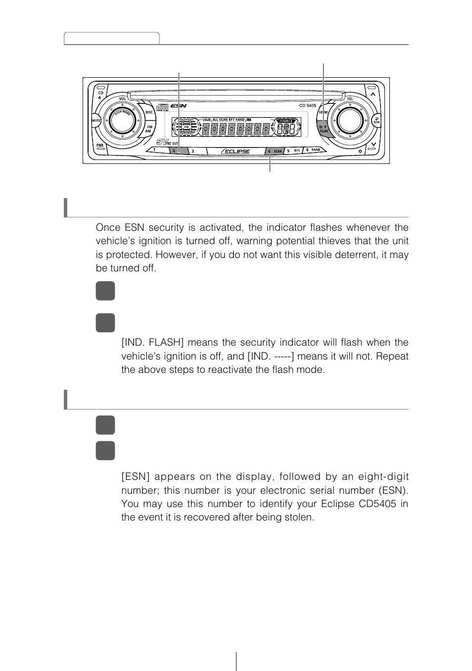 How to turn the security indicator on/off, How to read the electronic serial number | Eclipse - Fujitsu Ten CD5405 User Manual | Page 20 / 67