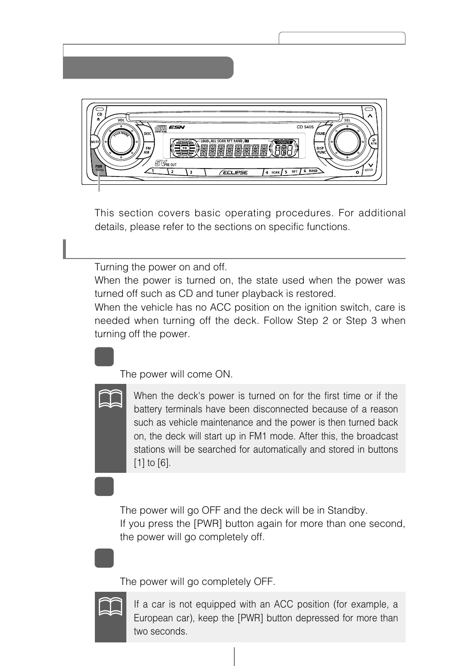 Basic operation, Turning the power on and off | Eclipse - Fujitsu Ten CD5405 User Manual | Page 21 / 67