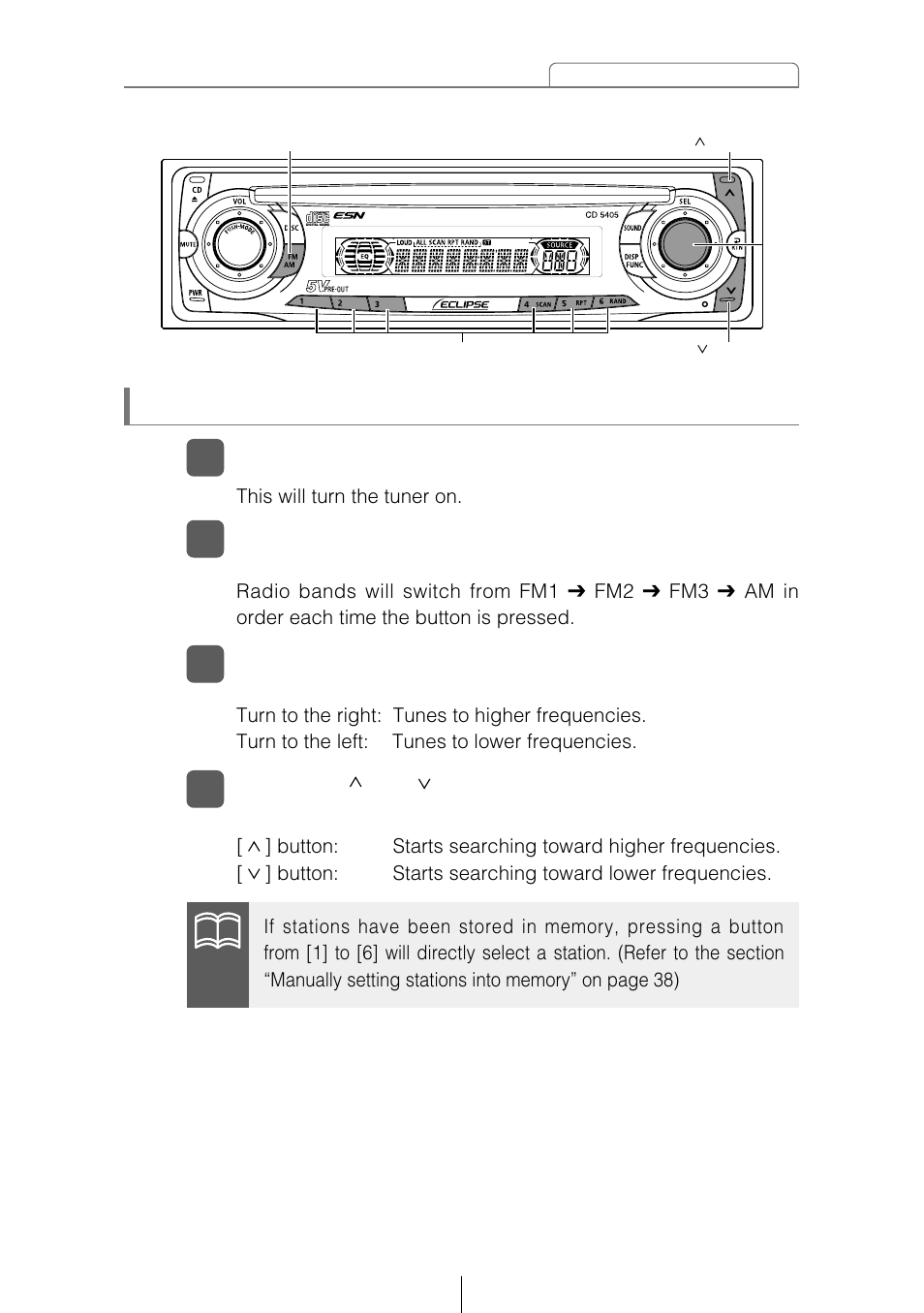 Listening to the tuner | Eclipse - Fujitsu Ten CD5405 User Manual | Page 23 / 67