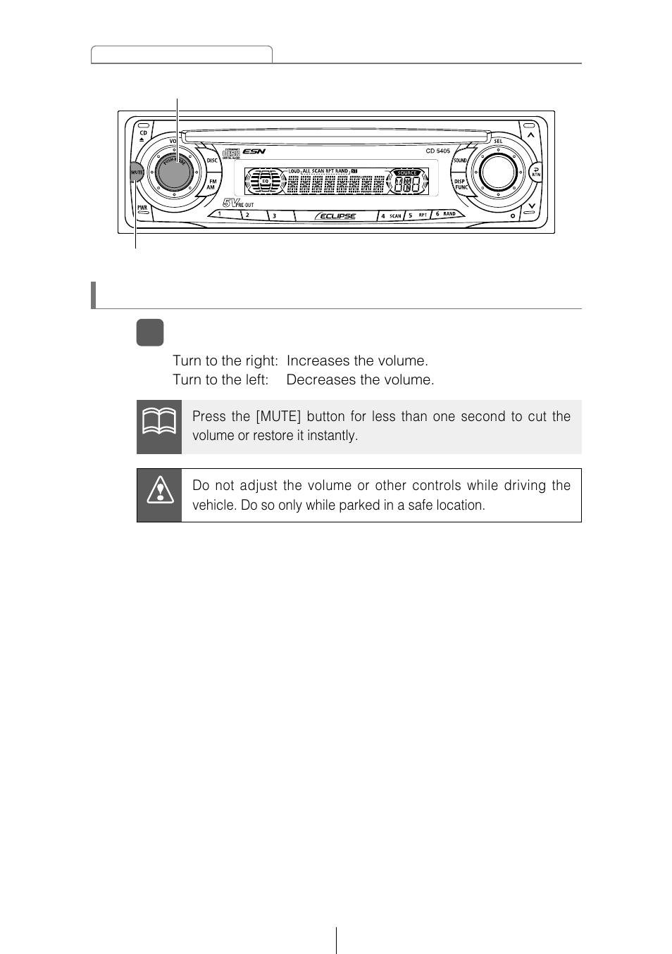 Adjusting audio volume | Eclipse - Fujitsu Ten CD5405 User Manual | Page 24 / 67