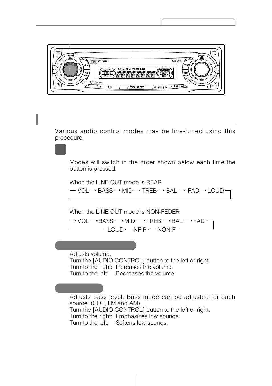 Switching audio control modes, Vol (volume) mode bass mode | Eclipse - Fujitsu Ten CD5405 User Manual | Page 25 / 67