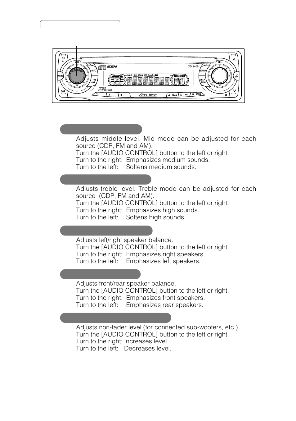 Bal (balance) mode fad (fader) mode, Non-f (non-fader) mode, Treb (treble) mode | Mid (middle) mode | Eclipse - Fujitsu Ten CD5405 User Manual | Page 26 / 67