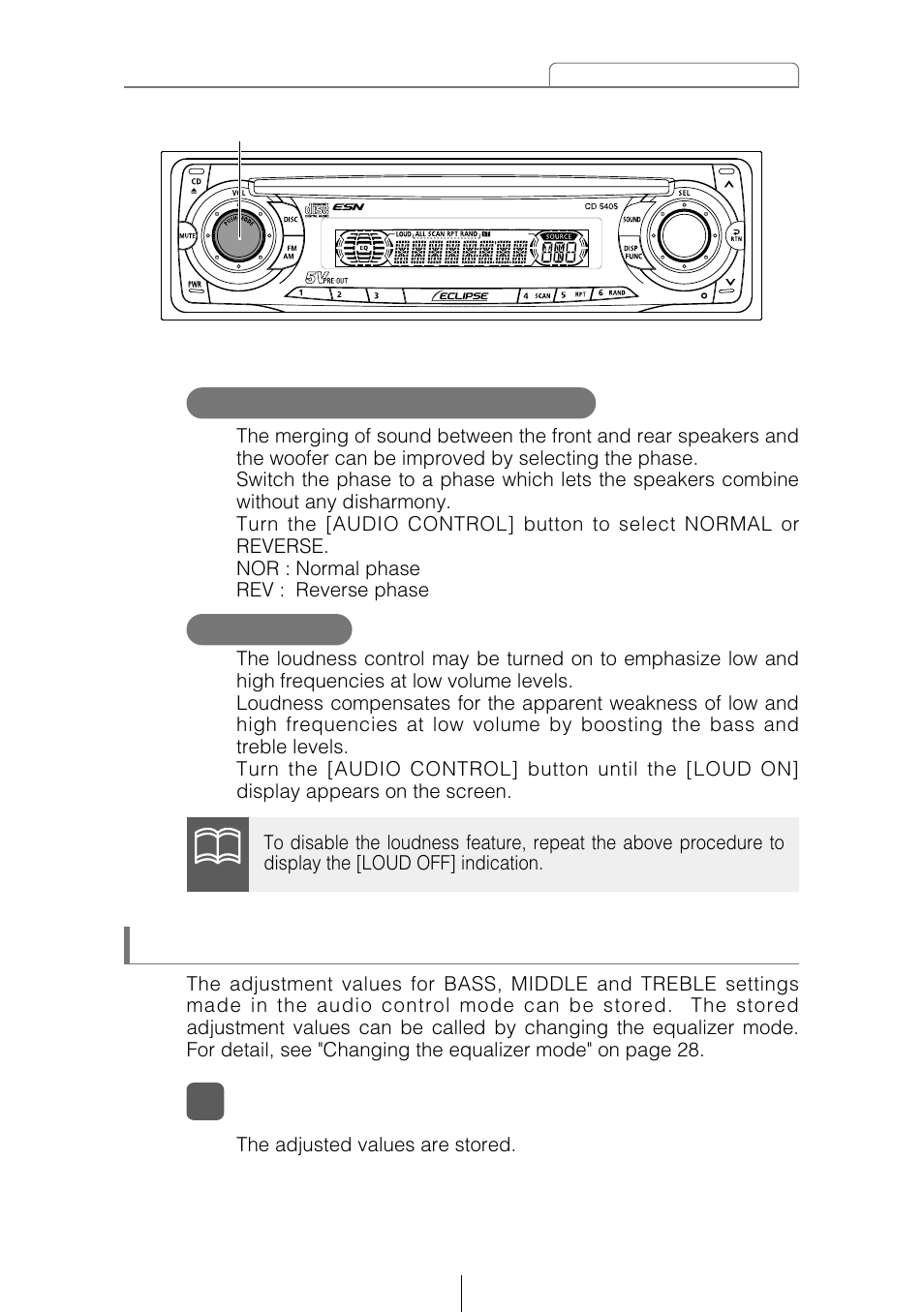 Storing user presets for the equalizer, Loud mode, Nf-p (non-fader phase) mode | Eclipse - Fujitsu Ten CD5405 User Manual | Page 27 / 67