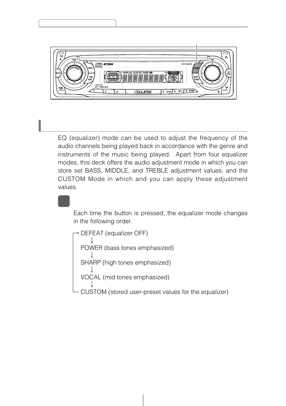 Changing the equalizer mode | Eclipse - Fujitsu Ten CD5405 User Manual | Page 28 / 67