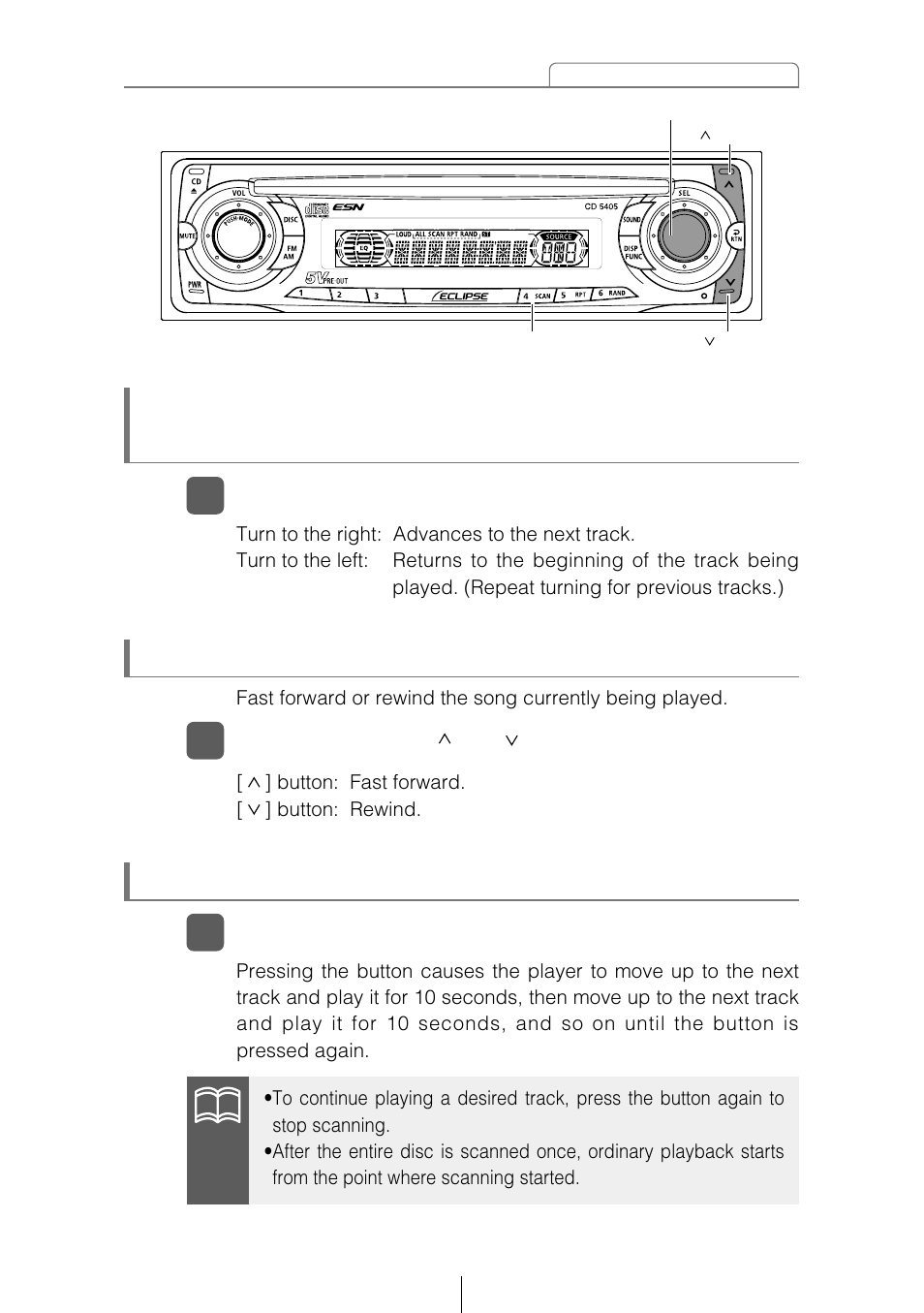 Playing the beginning of tracks (scan), Fast forward/rewind | Eclipse - Fujitsu Ten CD5405 User Manual | Page 33 / 67