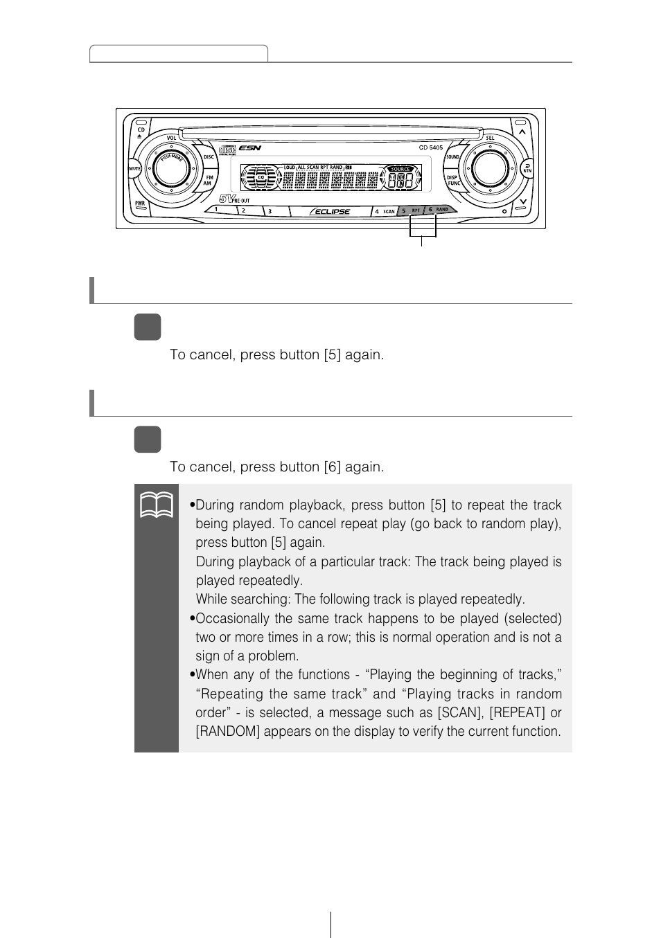 Repeating the same track (repeat), Playing tracks in random order (random) | Eclipse - Fujitsu Ten CD5405 User Manual | Page 34 / 67