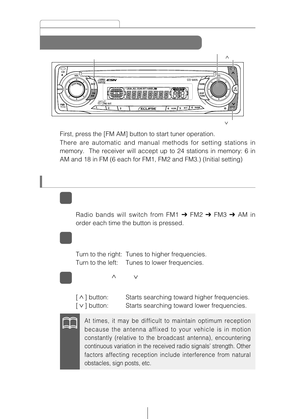 How to operate the tuner, Tuning to a station | Eclipse - Fujitsu Ten CD5405 User Manual | Page 36 / 67