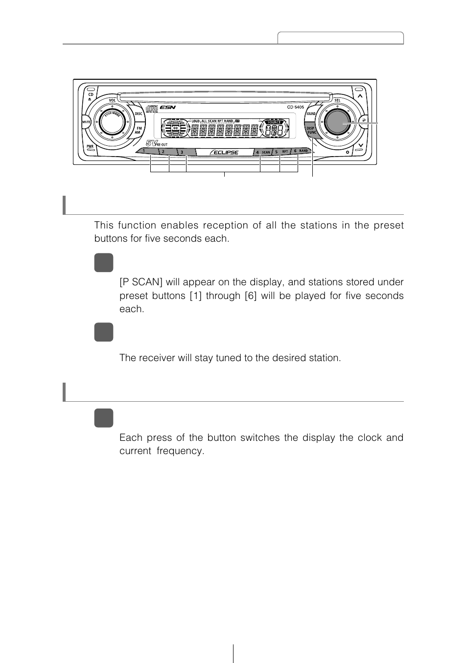 Preset station scan, Switching the display | Eclipse - Fujitsu Ten CD5405 User Manual | Page 39 / 67