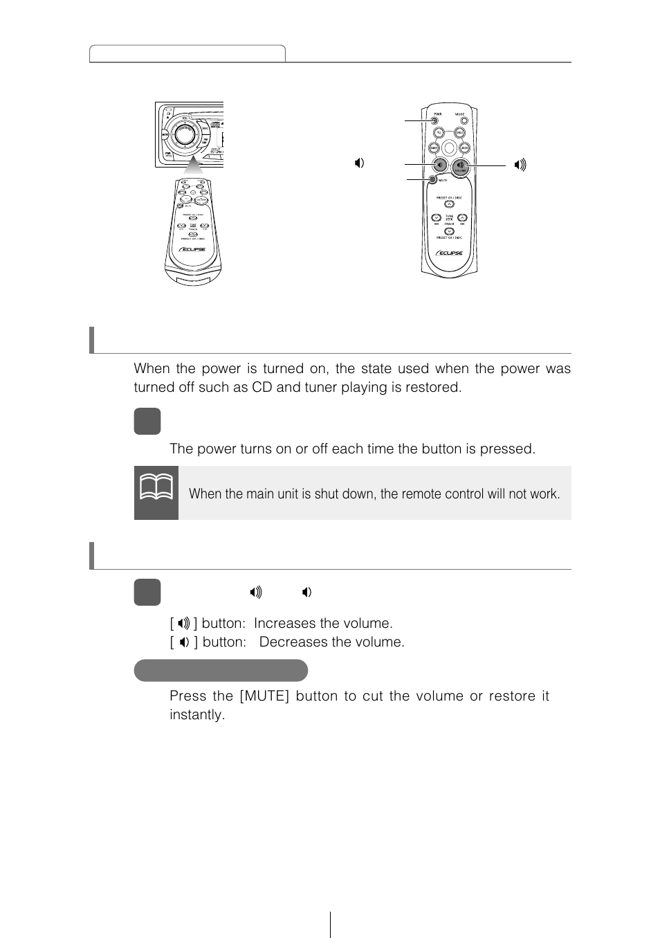 Turning the power on/off, Adjusting the audio volume, Muting the volume | Eclipse - Fujitsu Ten CD5405 User Manual | Page 44 / 67