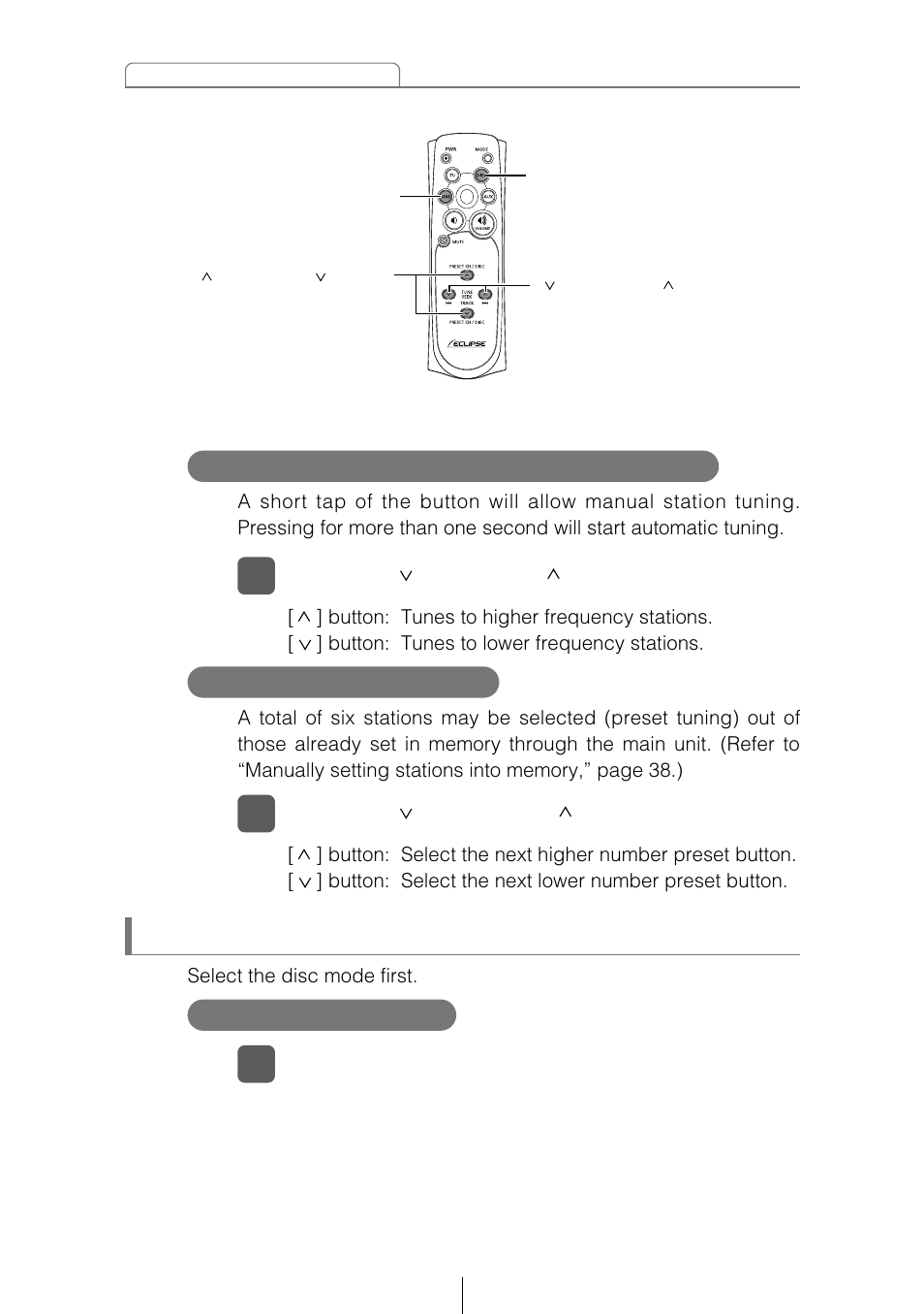 How to play cds, Selecting a station (manually or automatically), Selecting preset stations switching disc mode | Eclipse - Fujitsu Ten CD5405 User Manual | Page 46 / 67