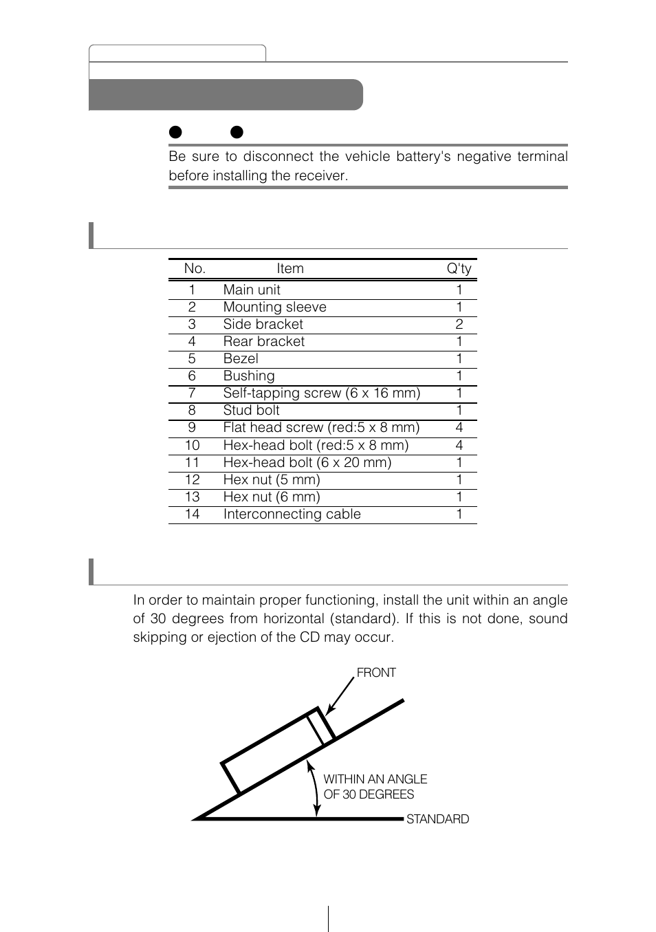 Before installation, Installation angle, Components | Eclipse - Fujitsu Ten CD5405 User Manual | Page 54 / 67