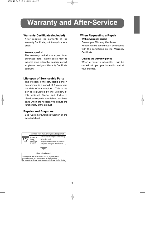 Warranty and after-service, When requesting a repair, Warranty certificate (included) | Life-span of serviceable parts, Repairs and enquiries | Eclipse - Fujitsu Ten Speaker 512 User Manual | Page 9 / 10