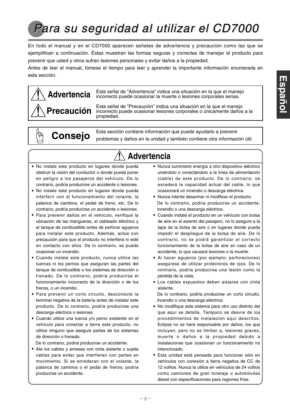 Consejo, Advertencia precaución, Advertencia | Eclipse - Fujitsu Ten CD7000 User Manual | Page 15 / 36