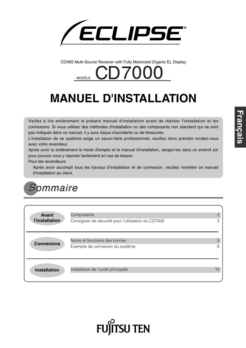 Manuel d'installation, Sommaire | Eclipse - Fujitsu Ten CD7000 User Manual | Page 25 / 36