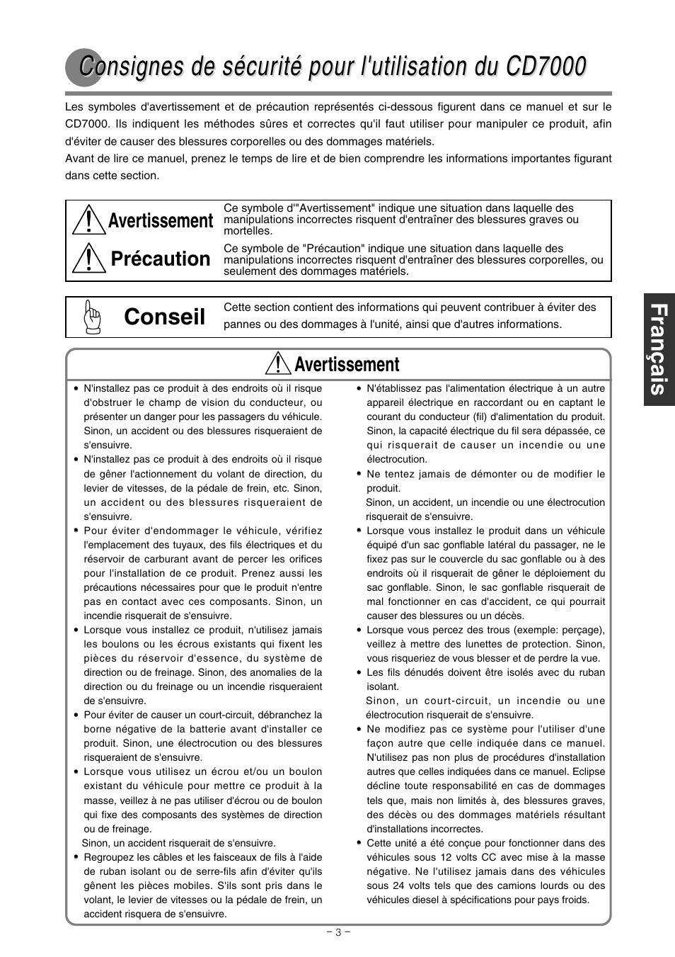 Consignes de sécur, Conseil, Avertissement précaution | Avertissement | Eclipse - Fujitsu Ten CD7000 User Manual | Page 27 / 36