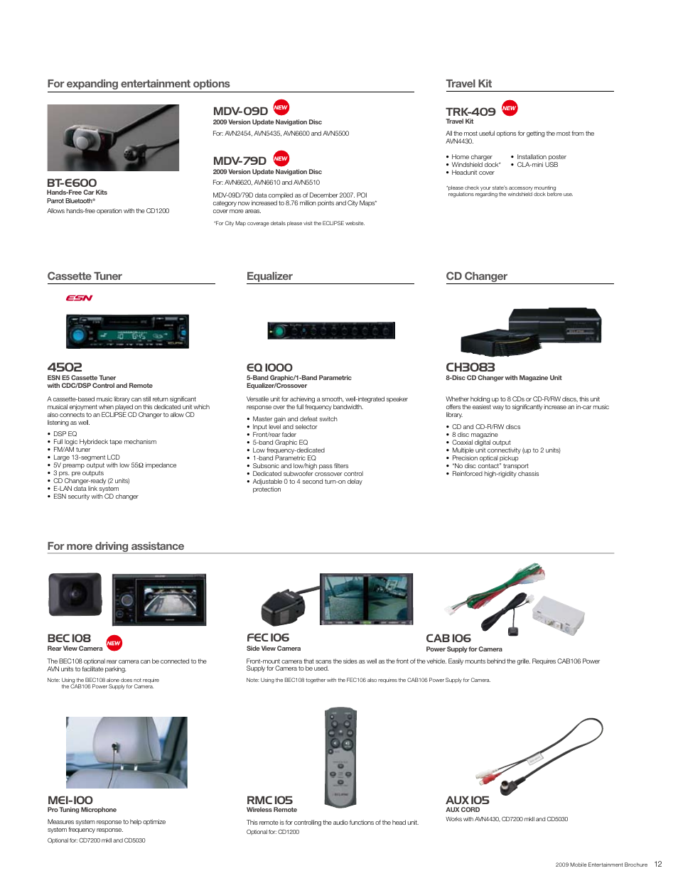 Accessories, Ch3083, Interface adapter for ipod | For expanding entertainment options, Mre-700, E505csp, Bt-e600, Mre-700w, Whp-100, Cassette tuner digital radio options | Eclipse - Fujitsu Ten AVN6610 User Manual | Page 11 / 18