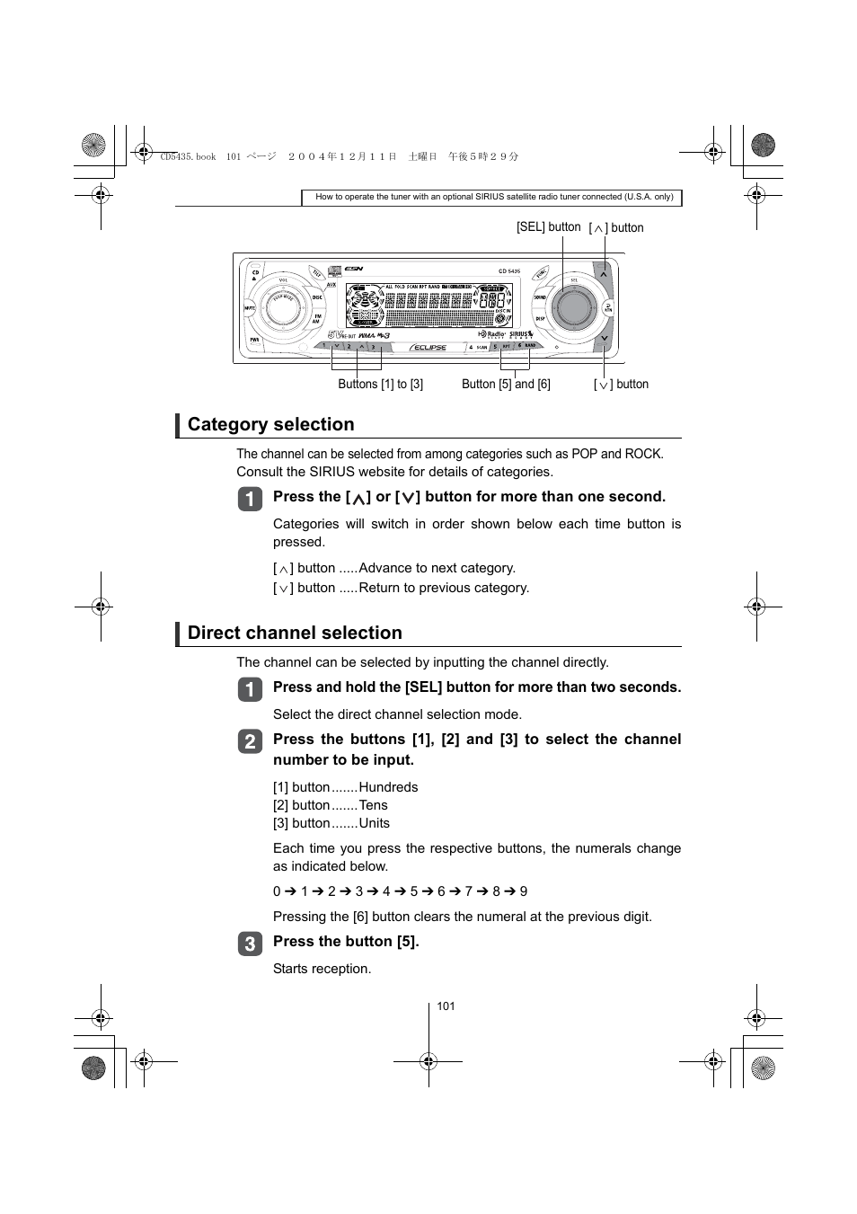 Category selection, Direct channel selection | Eclipse - Fujitsu Ten CD5435 User Manual | Page 101 / 128