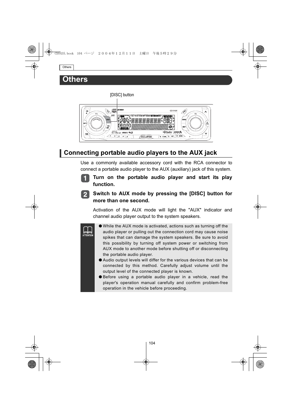 Others, Connecting portable audio players to the aux jack | Eclipse - Fujitsu Ten CD5435 User Manual | Page 104 / 128