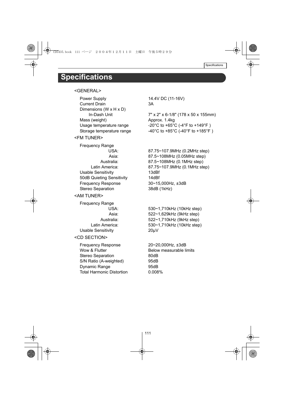 Specifications | Eclipse - Fujitsu Ten CD5435 User Manual | Page 111 / 128