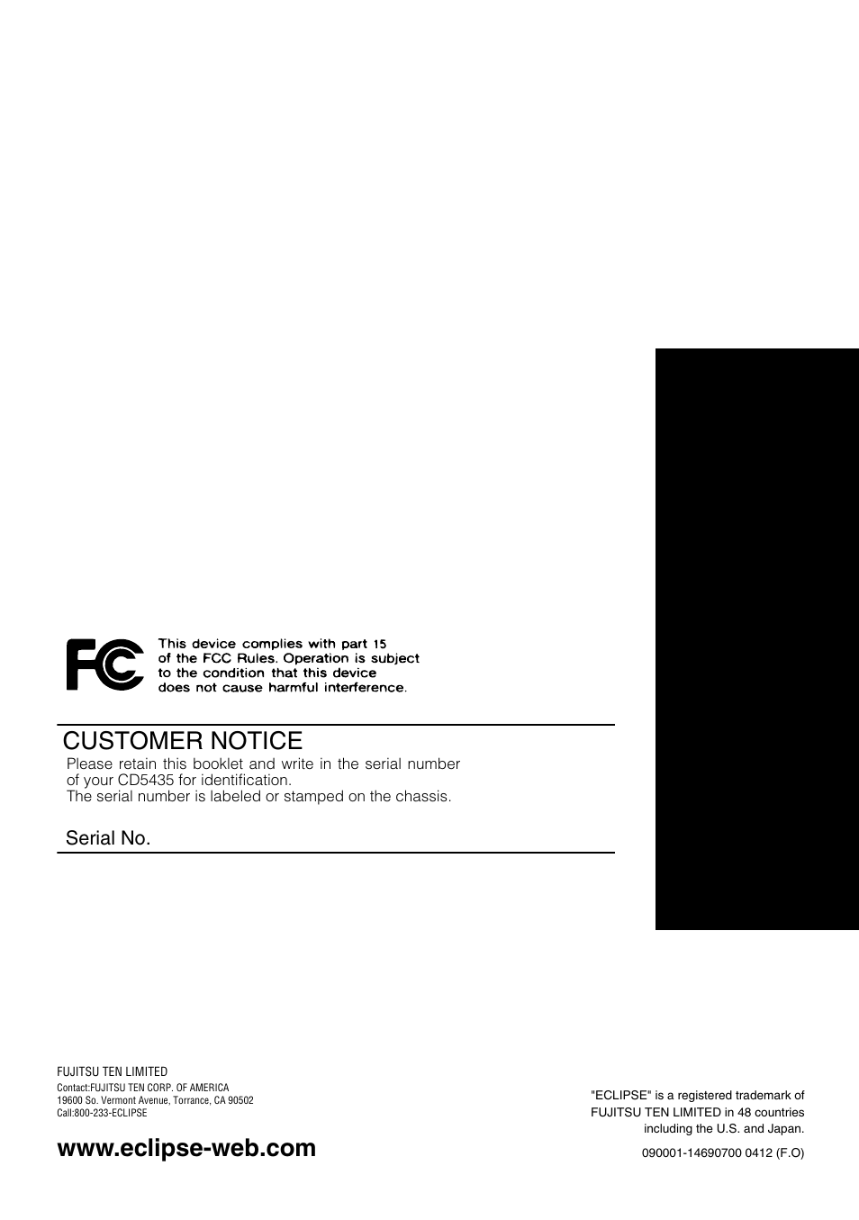 Customer notice | Eclipse - Fujitsu Ten CD5435 User Manual | Page 128 / 128