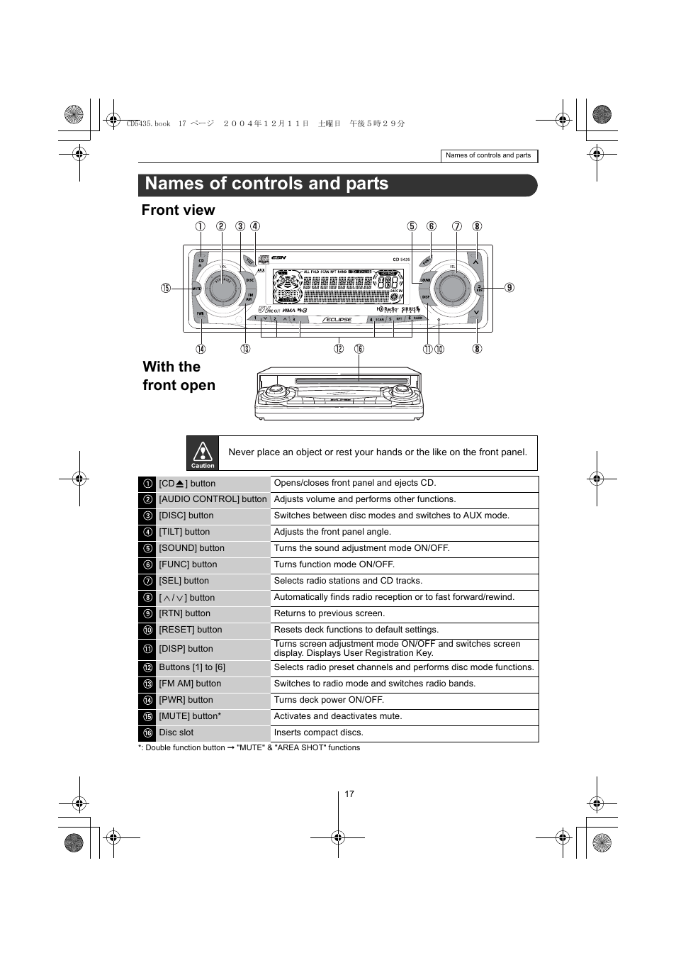 Names of controls and parts, Front view, With the front open | Eclipse - Fujitsu Ten CD5435 User Manual | Page 17 / 128