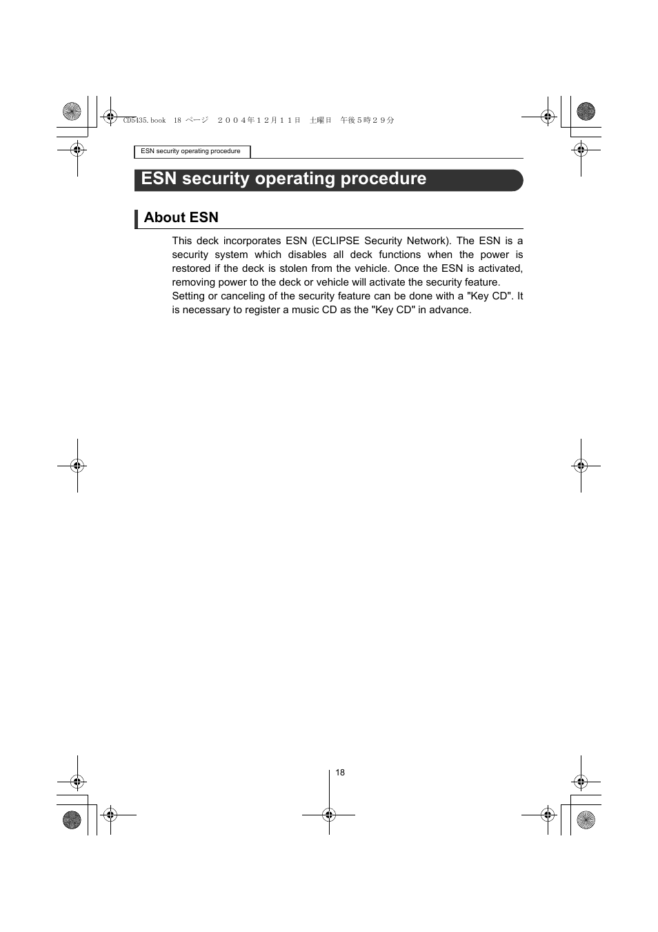 Esn security operating procedure, About esn | Eclipse - Fujitsu Ten CD5435 User Manual | Page 18 / 128