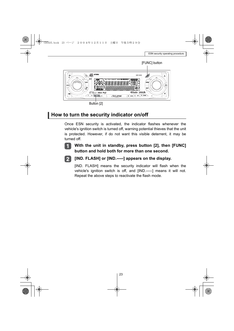 How to turn the security indicator on/off | Eclipse - Fujitsu Ten CD5435 User Manual | Page 23 / 128