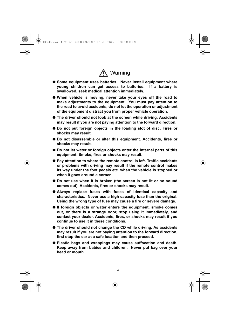 Warning | Eclipse - Fujitsu Ten CD5435 User Manual | Page 4 / 128