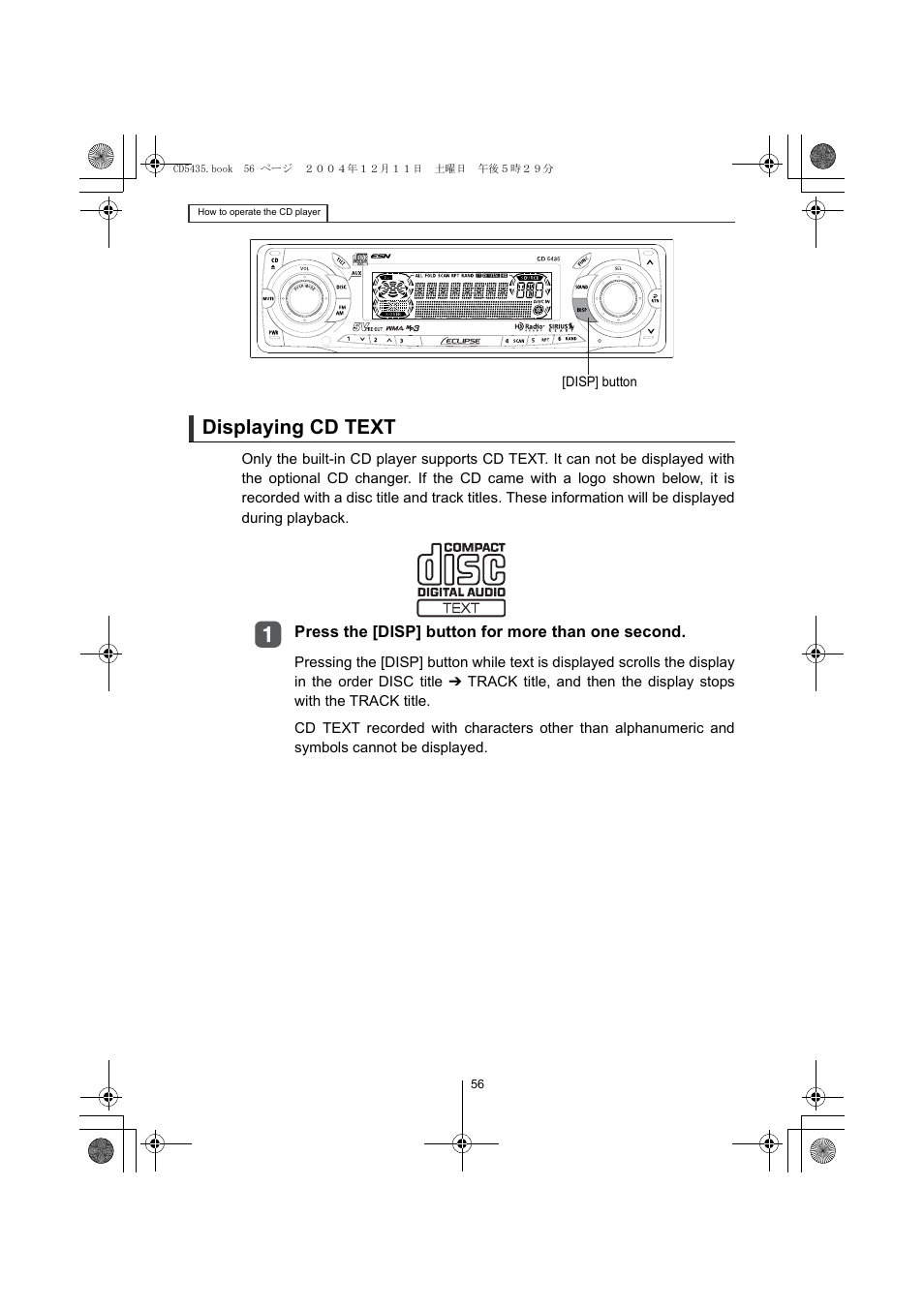 Displaying cd text | Eclipse - Fujitsu Ten CD5435 User Manual | Page 56 / 128