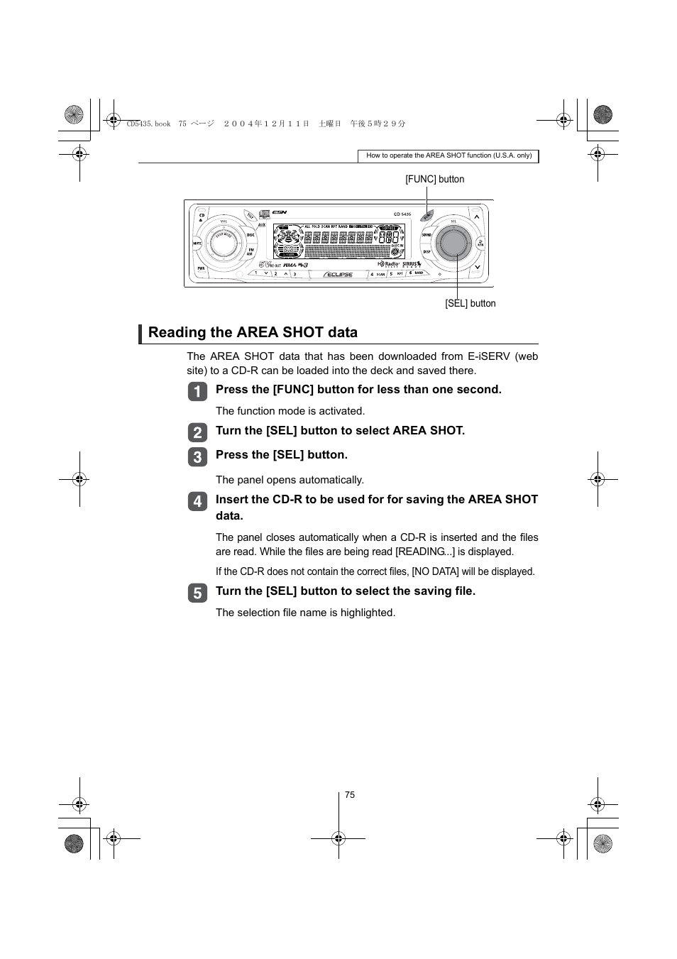 Reading the area shot data | Eclipse - Fujitsu Ten CD5435 User Manual | Page 75 / 128