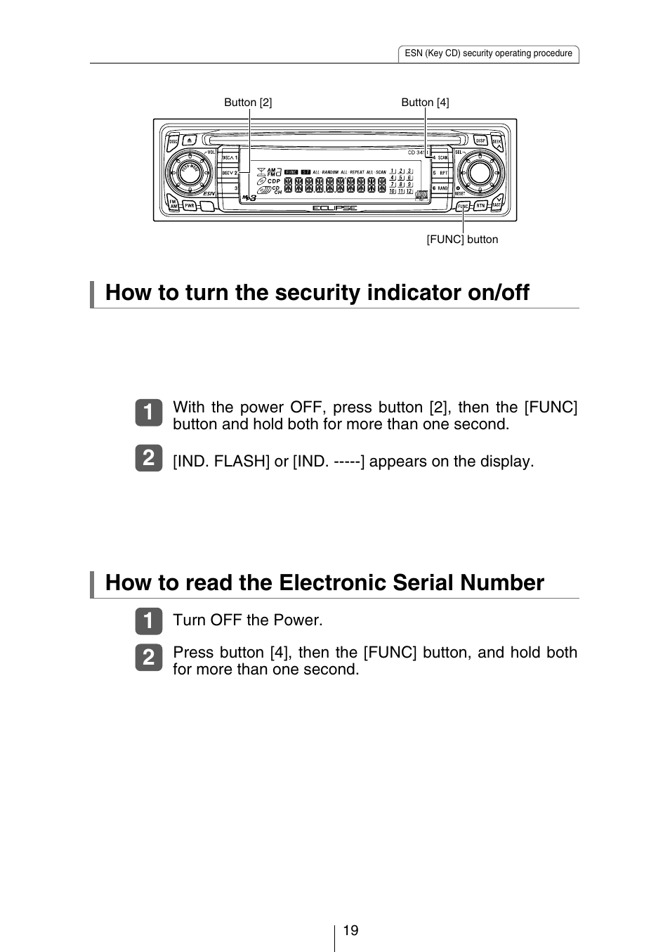 How to turn the security indicator on/off, How to read the electronic serial number | Eclipse - Fujitsu Ten CH3083  EN User Manual | Page 19 / 76