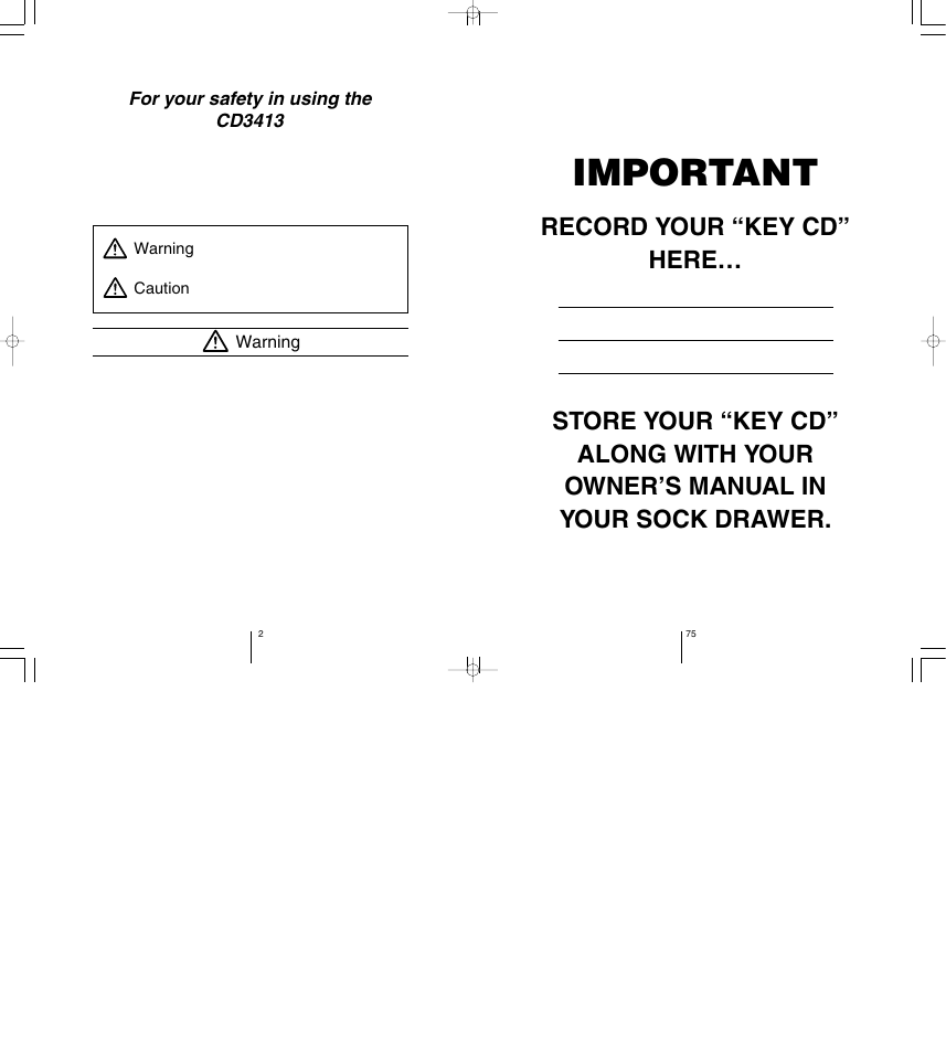 Important, For your safety in using the cd3413 | Eclipse - Fujitsu Ten CH3083  EN User Manual | Page 2 / 76