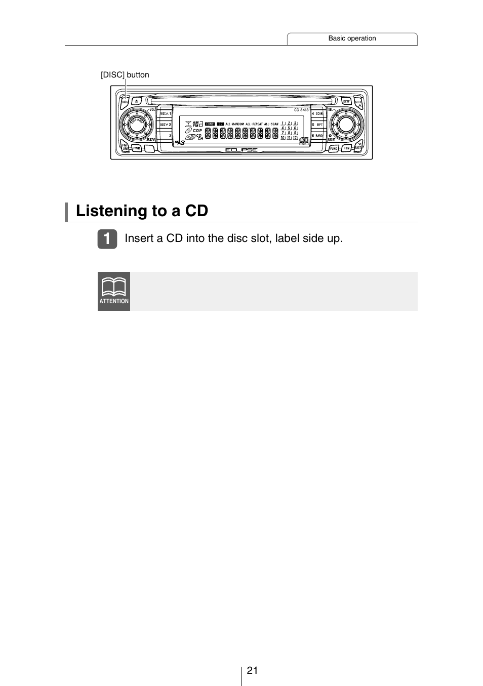 Listening to a cd | Eclipse - Fujitsu Ten CH3083  EN User Manual | Page 21 / 76