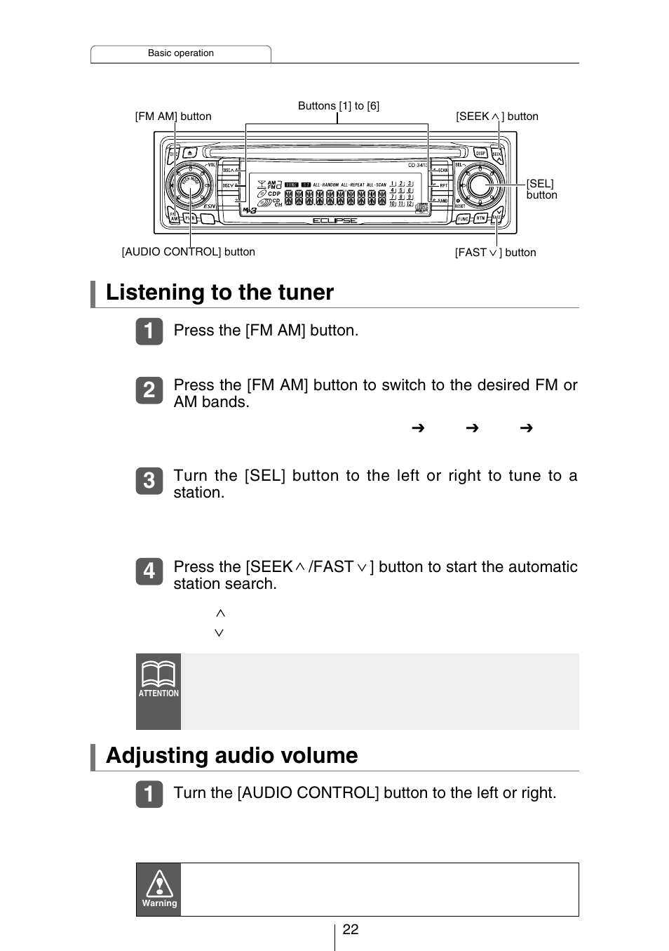 Listening to the tuner, Adjusting audio volume | Eclipse - Fujitsu Ten CH3083  EN User Manual | Page 22 / 76