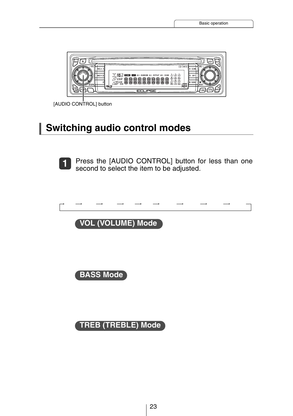 Switching audio control modes, Vol (volume) mode bass mode treb (treble) mode | Eclipse - Fujitsu Ten CH3083  EN User Manual | Page 23 / 76