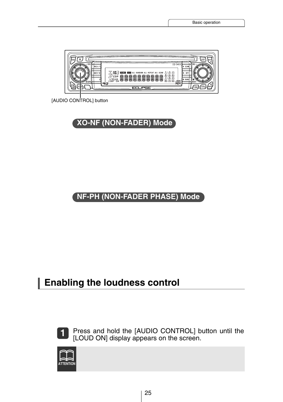 Enabling the loudness control, Xo-nf (non-fader) mode, Nf-ph (non-fader phase) mode | Eclipse - Fujitsu Ten CH3083  EN User Manual | Page 25 / 76