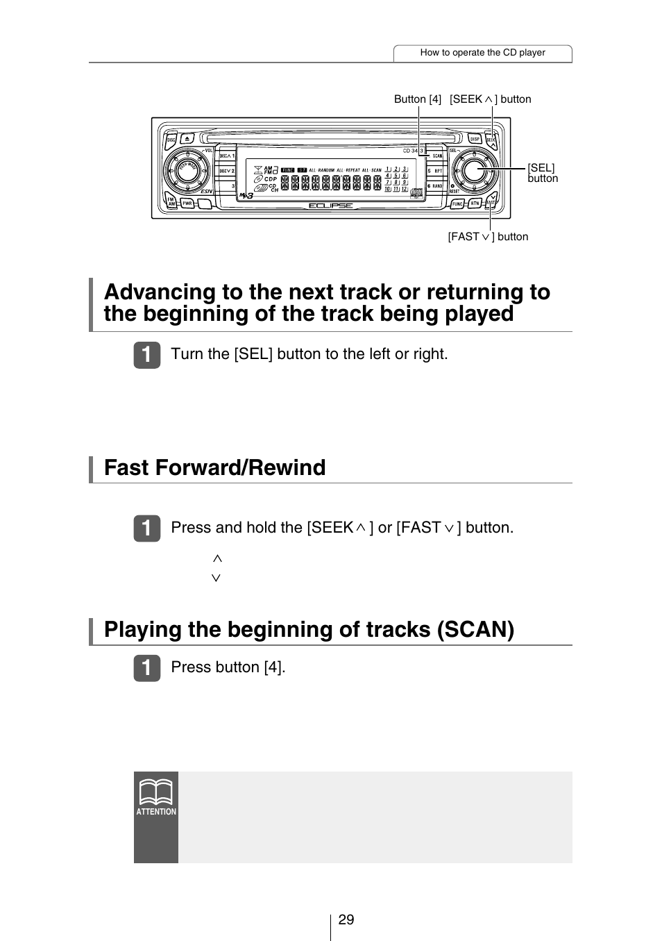 Playing the beginning of tracks (scan), Fast forward/rewind | Eclipse - Fujitsu Ten CH3083  EN User Manual | Page 29 / 76