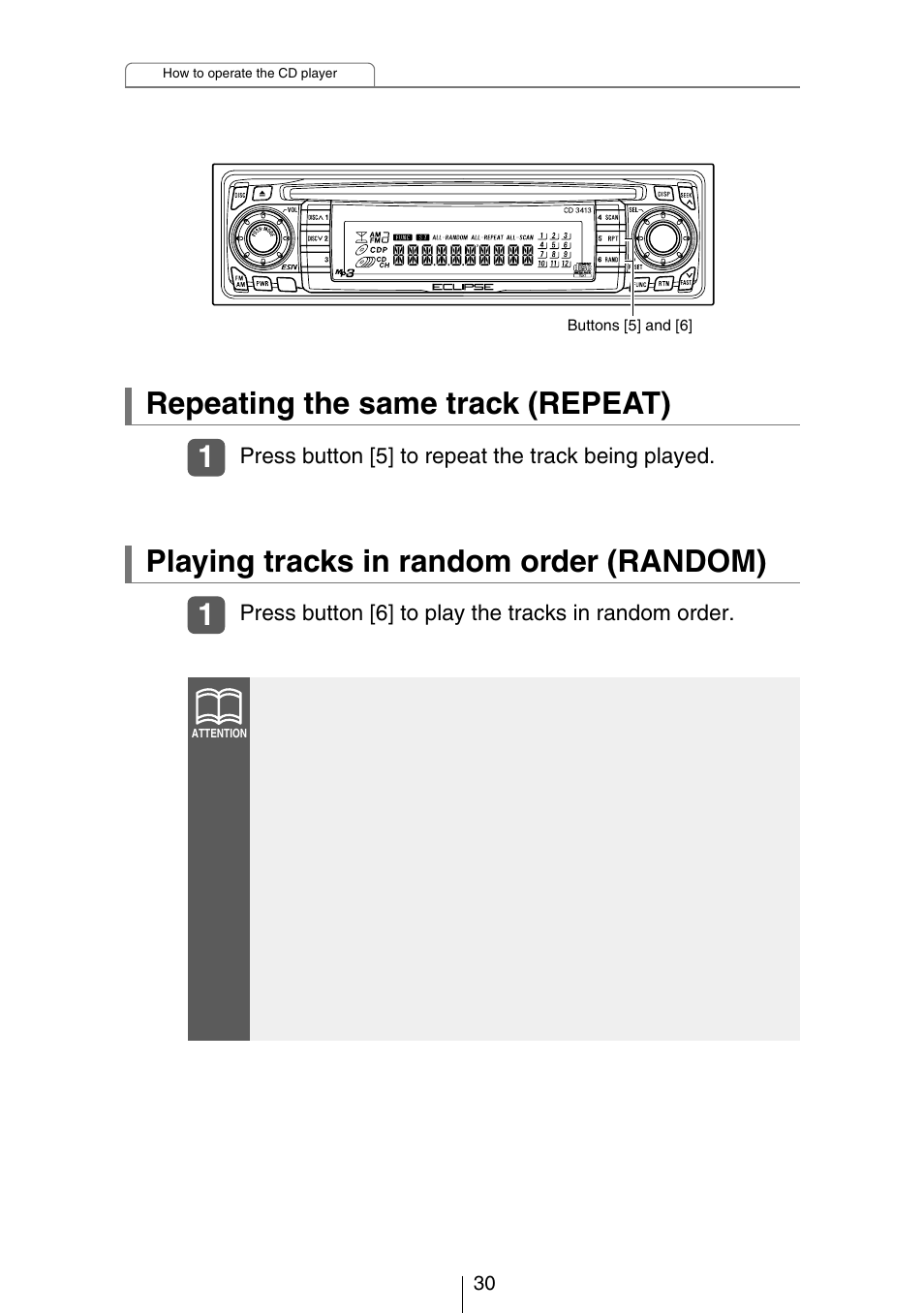 Repeating the same track (repeat), Playing tracks in random order (random) | Eclipse - Fujitsu Ten CH3083  EN User Manual | Page 30 / 76