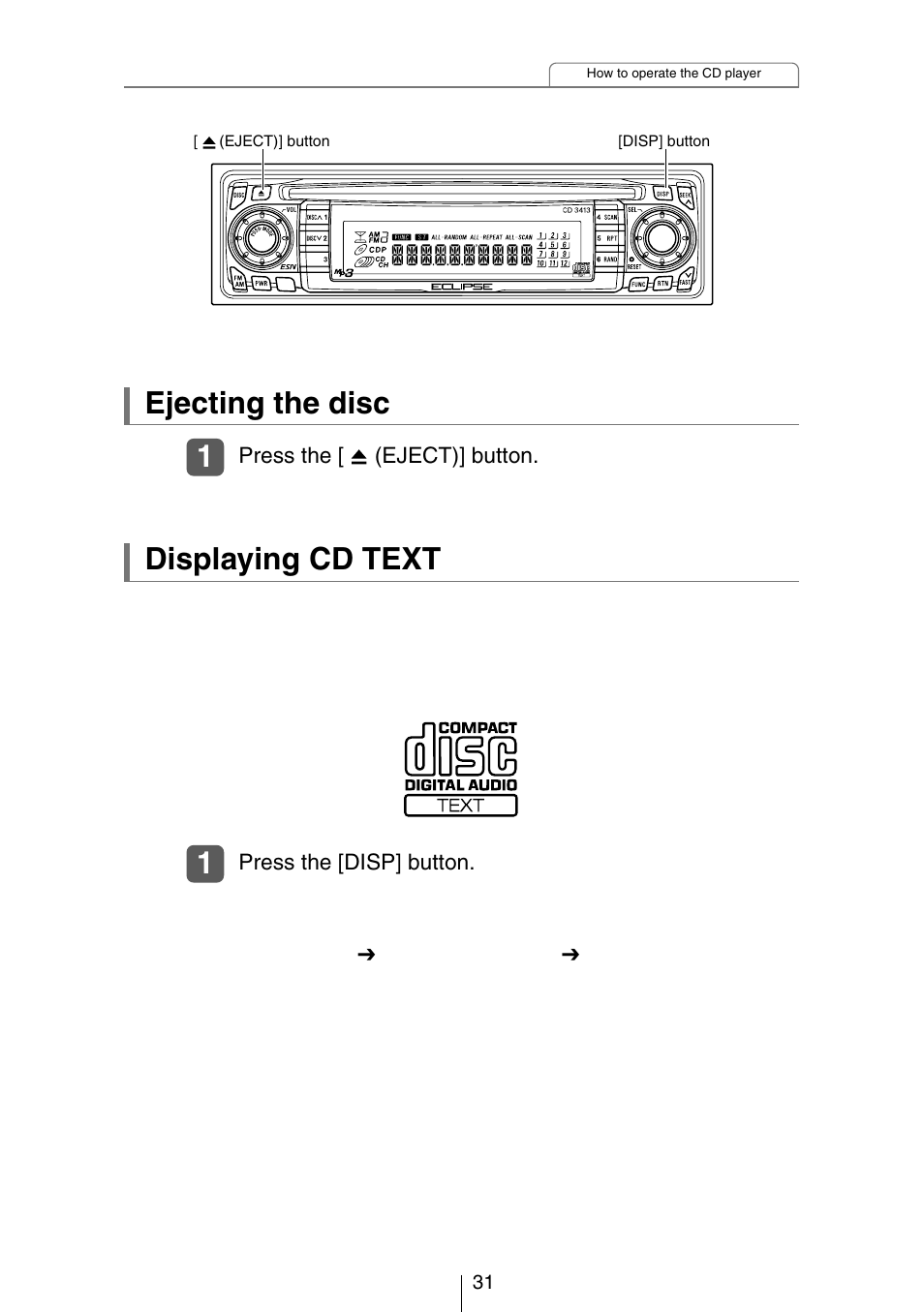 Ejecting the disc, Displaying cd text | Eclipse - Fujitsu Ten CH3083  EN User Manual | Page 31 / 76